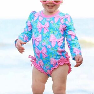 Caden Lane 0-3 Months Beachy Bows Long Sleeve Rash Guard Ruffle Bottom Swimsuit